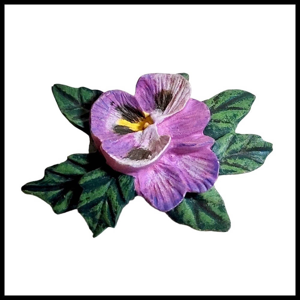 Vintage Brooch Pin Wooden Pansy Flower Purple Green